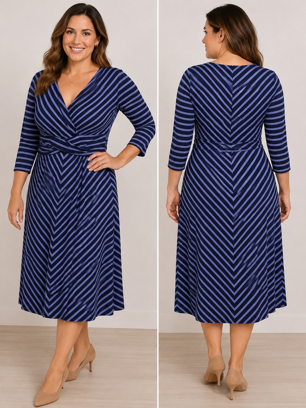 Lauren Ralph Lauren Blue Striped Faux Wrap Midi Dress Size 10